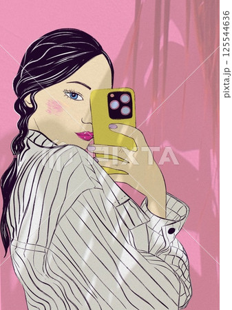Untitled ArtworkModern young woman taking selfies of her reflection in mirror on pink background. Girl in white striped jacket with a yellow smartphone in her hand. Untitled ArtworkModern young woman taking selfies of her reflection in mirror on pink background. Girl in white striped jacket with a yellow smartphone in her hand. 125544636