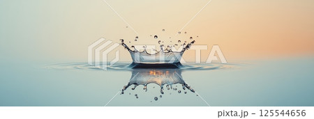 Crown shaped water splash creating delicate droplets that ripple across a light blue and orange background, reflecting beautifully on a smooth surface 125544656