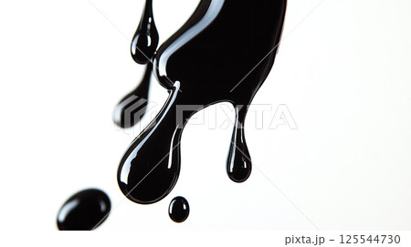 Macro shot of oil mercury drops, droplets in the air on white background. Abstract backdrop. Oily flow. Spilled mercury of broken thermometer flowing. This is AI-generated item 125544730