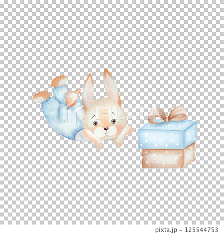 A cute watercolor bunny lies and looks at the box with a gift with pleasure. Illustration for birthday, baby shower, holiday. Isolated on a white background, hand drawn 125544753