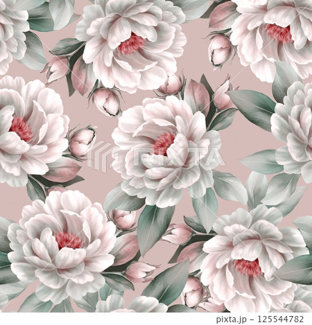 Delicate hand-drawn white peony flowers with green leaves on a soft pastel background, perfect for design projects Delicate hand-drawn white peony flowers with green leaves on a soft pastel background, perfect for design projects 125544782