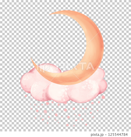 A gentle illustration of a soft peach-colored crescent moon resting on fluffy pink clouds, evoking a peaceful, dreamy atmosphere. 125544784