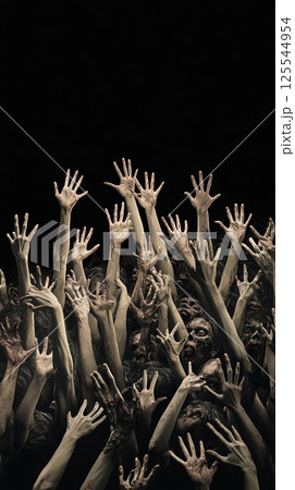 Many bloody zombie hands are reaching up from the darkness in a terrifying post apocalyptic scene of horror and decay, illustrating the concept of a deadly virus outbreak and infected population 125544954