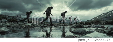 Backpackers are crossing a river in a bleak,...のイラスト素材 [125544957] - PIXTA