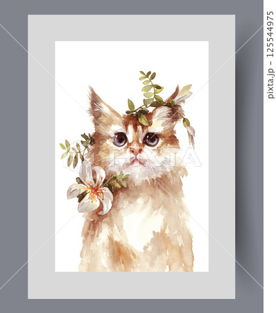 Fluffy cat with flower on neck and petals around face on wall art. Watercolor artwork 125544975