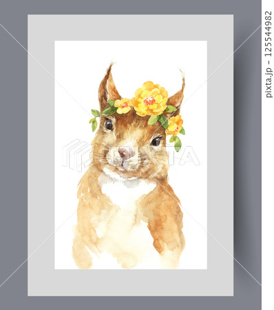Red squirrel with flowers on head looks at screen on wall art. Watercolor artwork 125544982