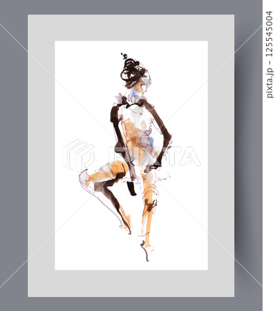 Abstract silhouette naked woman posing, sitting on invisible chair on wall art. Watercolor artwork Abstract silhouette naked woman posing, sitting on invisible chair on wall art. Watercolor artwork 125545004