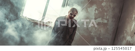 Creepy post apocalyptic scene of a scary undead creature walking in a ruined room filled with smoke, wearing dirty clothes, depicting the horror of a zombie apocalypse and the concept of survival 125545017