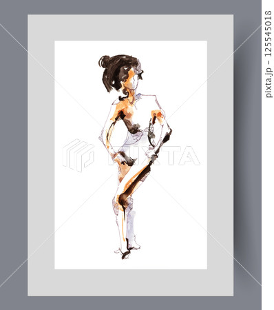 Naked woman is depicted in abstract style, standing without clothes on poster. Watercolor artwork 125545018