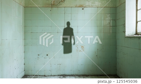 Creepy shadow of a person projected on a wall in an abandoned room with green tiles and a dirty floor, creating a mysterious and eerie atmosphere Creepy shadow of a person projected on a wall in an abandoned room with green tiles and a dirty floor, creating a mysterious and eerie atmosphere 125545036