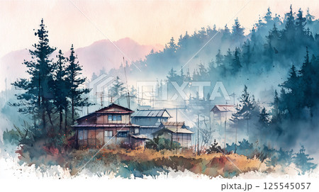霧と緑の中にひっそり佇む木造住宅と山道、水彩タッチで描かれた田舎の朝の情景 125545057