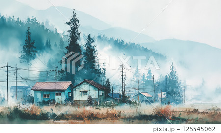 優しいタッチで描かれた日本の田舎、霧の中の家並みと山の緑が調和する