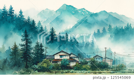 雨上がりのような空気感を表現した、水彩画タッチの山間の村と田舎の道の風景素材 125545069