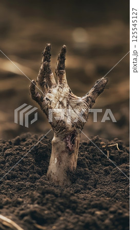 Emerging from the dark earth, a decaying zombie hand reaches out, signifying danger and survival in a post apocalyptic world ravaged by an undead outbreak 125545127