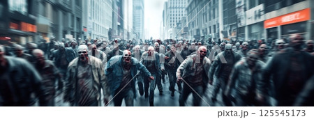 Massive horde of decaying zombies is swarming down a deserted city street, their bodies bloodied and decaying as they mindlessly rush forward in the aftermath of an apocalyptic event 125545173