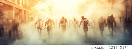Zombies wandering through a fog laden street between crumbling buildings create a chilling and dramatic atmosphere during a post apocalyptic outbreak, evoking feelings of fear and danger 125545174
