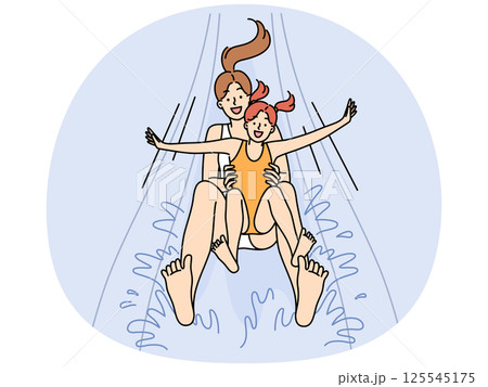 Happy mother and daughter screaming for joy going down water slide in aquapark Happy mother and daughter screaming for joy going down water slide in aquapark 125545175
