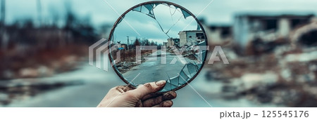 Hand gripping a shattered lens reveals a devastated post apocalyptic city in the background, embodying themes of horror, decay, and the chilling concept of a zombie apocalypse 125545176