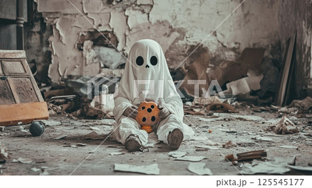 Child wearing ghost costume sitting on the floor of an abandoned house and holding a plastic pumpkin during halloween, surrounded by debris and rubble 125545177