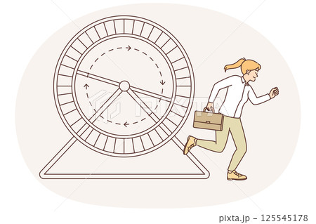 Woman with business briefcase runs near hamster wheel wanting to reach career goa 125545178