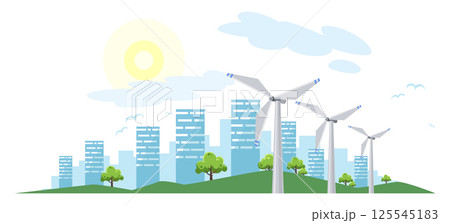 Clean electric energy concept. Renewable electricity resource from wind turbines. Ecological change of the future. City skyline and nature landscape on background 125545183