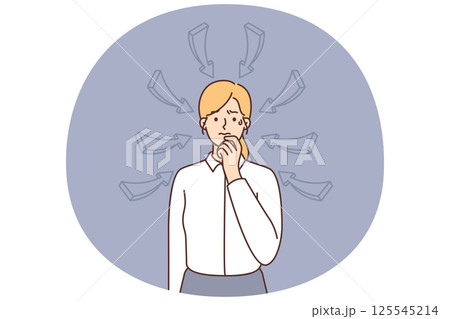 Girl touches lips thinking about ways to solve financial problems arises due to layoff at work Girl touches lips thinking about ways to solve financial problems arises due to layoff at work 125545214