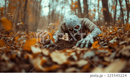 Emerging from the earth in a forest covered with autumn leaves, a terrifying zombie crawls, its glowing eyes and decaying flesh adding to the chilling scene Emerging from the earth in a forest covered with autumn leaves, a terrifying zombie crawls, its glowing eyes and decaying flesh adding to the chilling scene 125545224