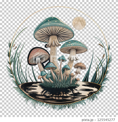 Sticker of death cap mushroom family on moon background 125545277