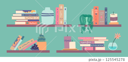 Cartoon Color Bookshelves Decorations Concept Textbooks, Vase and Plants on Bookshelf Literature Reading Concept Flat Design Style. Vector illustration Cartoon Color Bookshelves Decorations Concept Textbooks, Vase and Plants on Bookshelf Literature Reading Concept Flat Design Style. Vector illustration 125545278