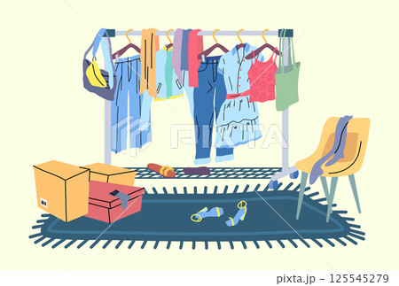 Cartoon Color Clothes Rack on Carpet Season Female Outfit Concept for Shop Flat Design Style. Vector illustration Cartoon Color Clothes Rack on Carpet Season Female Outfit Concept for Shop Flat Design Style. Vector illustration 125545279