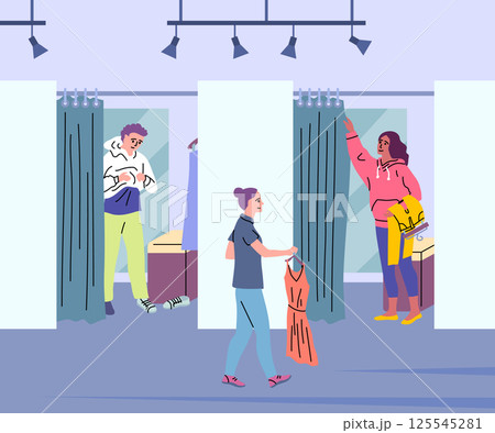 Cartoon Color Characters Boy and Girl in Fashion Fitting Room Concept. Vector illustration of Trying Dress Up Cartoon Color Characters Boy and Girl in Fashion Fitting Room Concept. Vector illustration of Trying Dress Up 125545281