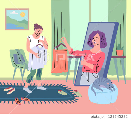 Cartoon Color Character Girl and Personal Stylist Online Fashion Assistant Concept Flat Design Style. Vector illustration 125545282