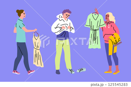 Cartoon Color Characters People Dress Up Fitting Concept Flat Design Style. Vector illustration of Choose Clothes 125545283