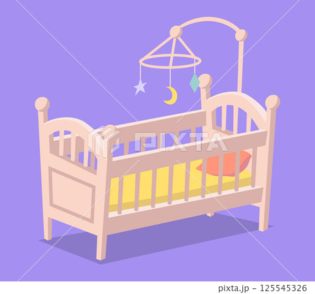 Cartoon Color Wooden Baby Cot with Hanging Toy Kid Sleep Room Furniture Concept Flat Design Style. Vector illustration 125545326