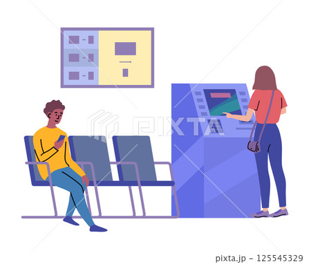 Cartoon Color Bank Characters Clients and Atm Cash Machine Providing Banking Services Concept Flat Design Style. Vector illustration 125545329