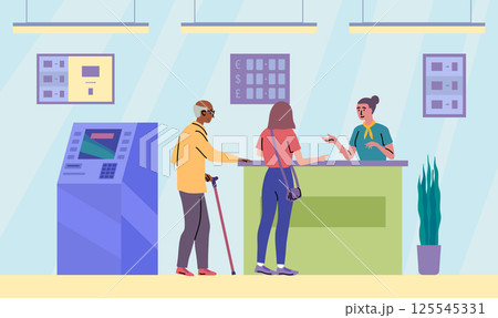 Cartoon Color Characters Clients and Manager at Bank Office Room Providing Banking Services Concept Flat Design Style. Vector illustration Cartoon Color Characters Clients and Manager at Bank Office Room Providing Banking Services Concept Flat Design Style. Vector illustration 125545331