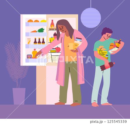 Cartoon Color Characters People at Refrigerator and Night Snack Concept Flat Design Style. Vector illustration of Late Night Snacking 125545339