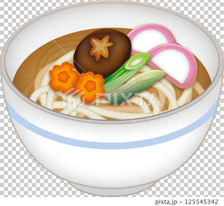 Delicious stewed udon noodles with lots of toppings 125545342