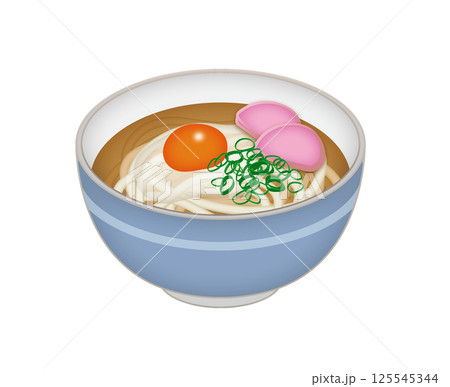 新鮮な生卵が乗った月見うどん 125545344