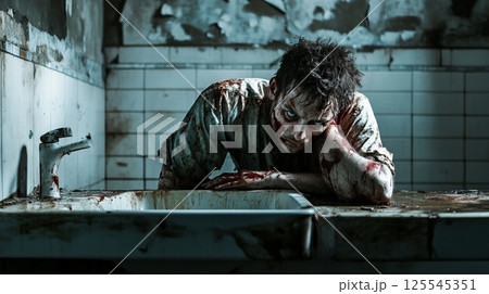 Bloody, terrifying zombie leaning against a sink in an abandoned hospital bathroom, evoking a chilling atmosphere of horror during a zombie apocalypse, perfect for halloween themes 125545351