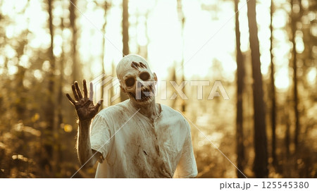 Creepy undead with decaying skin waving hand in spooky forest during sunset, representing post apocalyptic survival horror and zombie outbreak 125545380