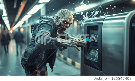 Aggressive, infected, undead man using a contactless payment card at a subway station during a zombie apocalypse, embodying horror and fiction in a chilling, post apocalyptic scene 125545405