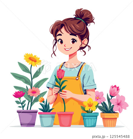 Vsai young florist taking care of potted flowers, gardening, botany, small business concept 125545488