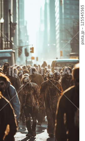 Large group of undead creatures, covered in dirt and blood, are slowly making their way down a city street during a zombie apocalypse, with tall buildings looming in the background 125545565