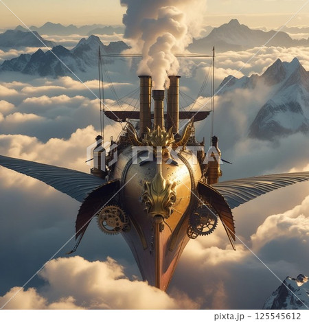 夕焼けに染まる異世界の飛行船 125545612