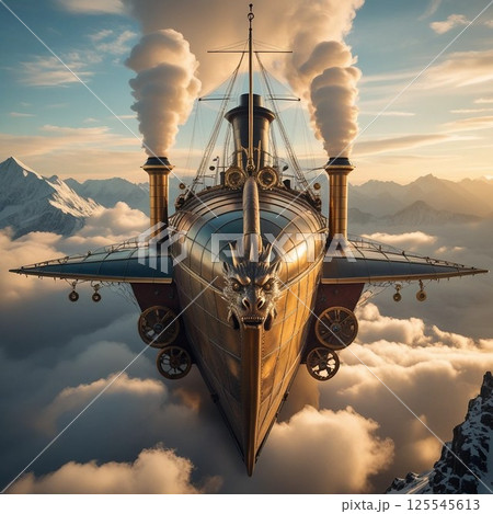 夕焼けに染まる異世界の飛行船 125545613