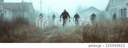 Group of scary zombies walking in a foggy abandoned village during a post apocalyptic outbreak, approaching the viewer with a creepy atmosphere 125545623