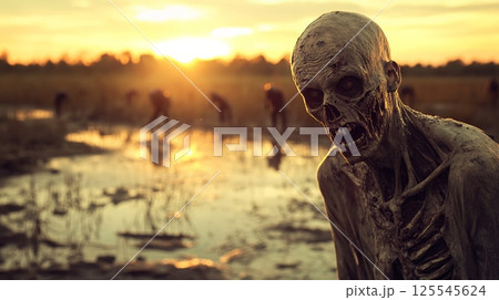 Group of zombies wandering through a murky swamp at sunset, embodying a terrifying presence in a post apocalyptic world, with a menacing undead figure advancing toward the observer 125545624
