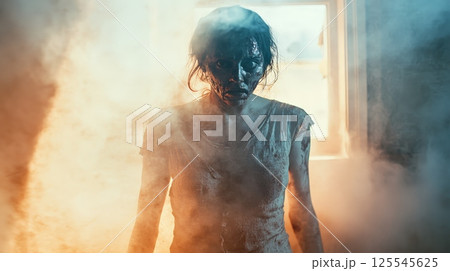 Post apocalyptic survivor, covered in dirt and grime, standing defiantly in a smoke filled, ruined room, her face marked by the struggle for survival in a ravaged world 125545625