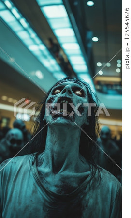 Scary undead creature roaming in an abandoned shopping mall during a zombie apocalypse, screaming and searching for victims, horror and halloween concept 125545626